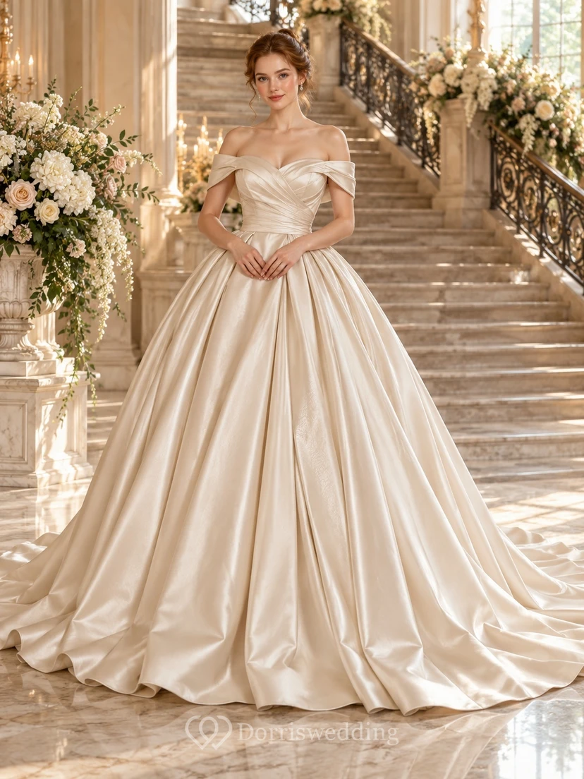 Simple Off Shoulder Champagne Satin Pleated Ball Gown Wedding Dress