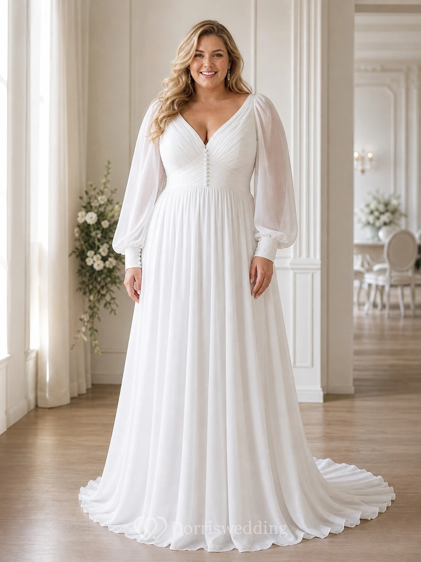 Chiffon-Hochzeitskleid mit langen Ärmeln und Puffärmeln in Übergröße im Empire-Stil view 5