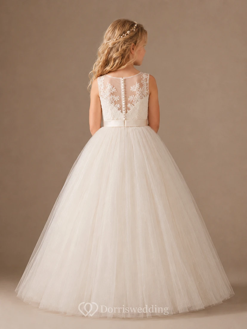 Lace Bodice Ball Gown Tulle A-Line Flower Girl Dress with Jewel Neck and Floor-Length Skirt view 2