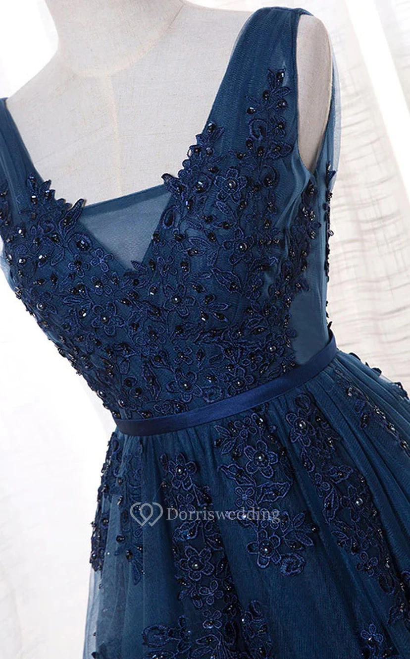 Vestido de fiesta/dama de honor sin mangas, plisado, de corte imperio, azul marino oscuro, de tul, con falda en A y largo hasta el suelo. view 3