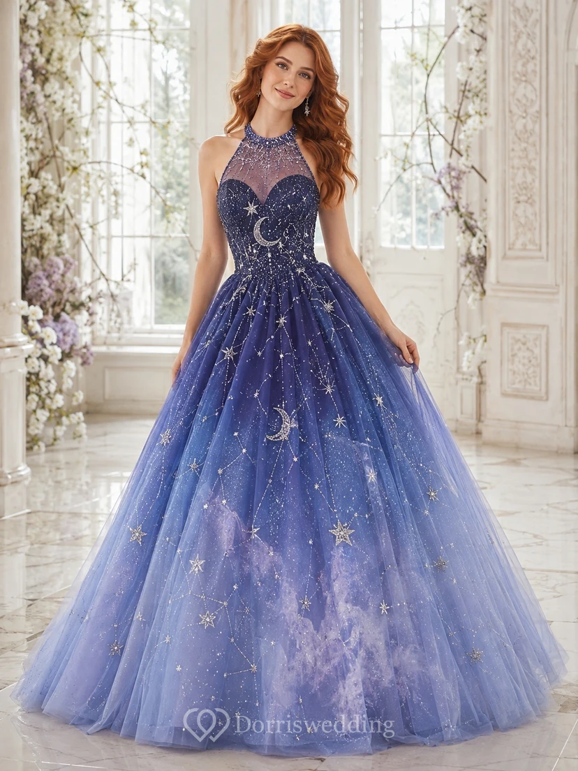Wisteria High Neck Sleeveless Starry Tulle A-Line Floor-Length Prom Dress