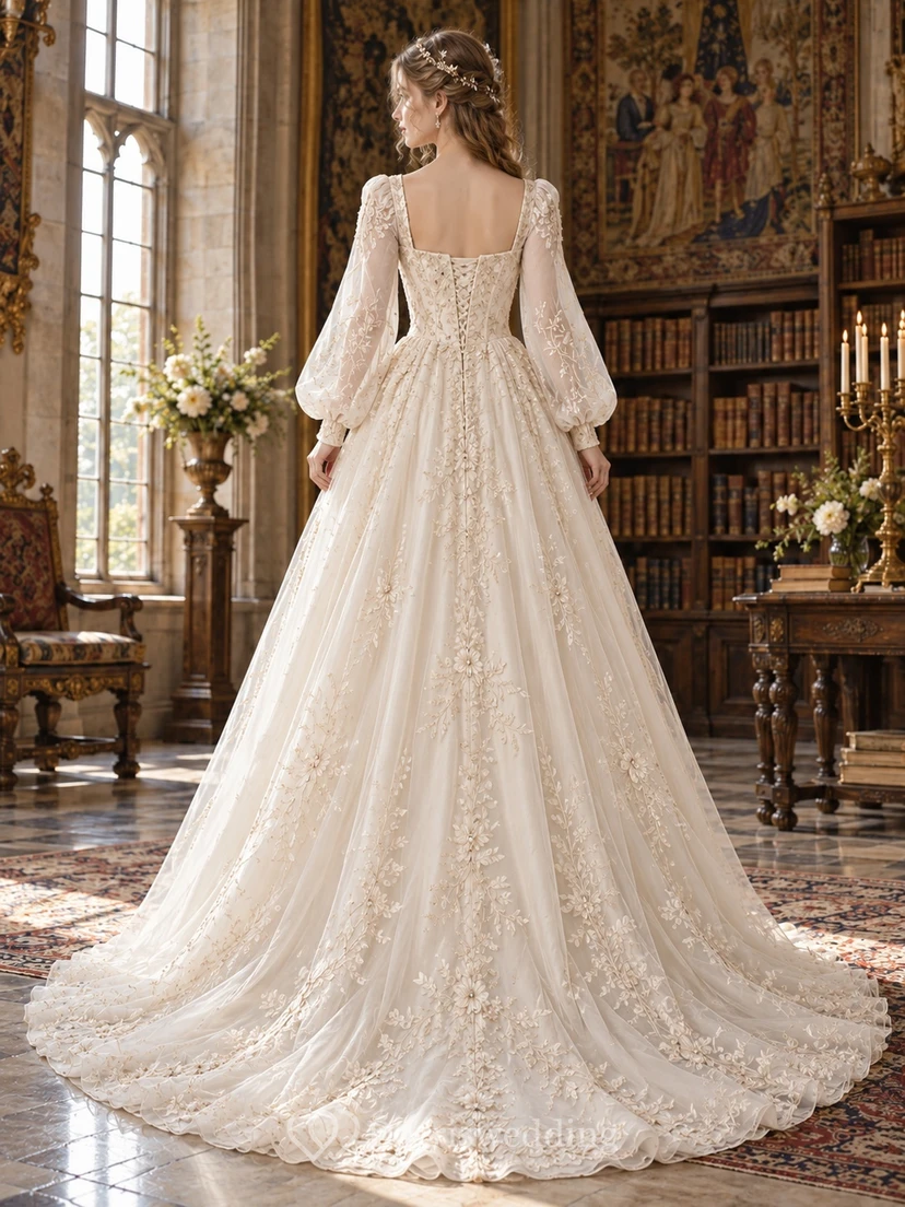 Vintage Renaissance Square Neck Long Poet Sleeve Lace Wedding Dress view 2