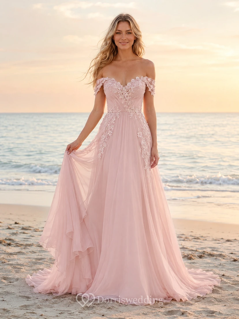 Blush Off-Shoulder Floral Applique Chiffon Beach Bridal Gown