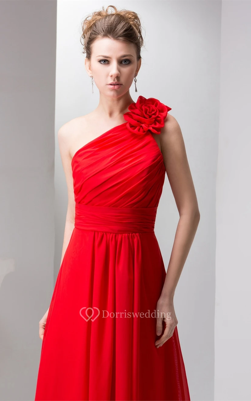 One-Shoulder Floor-Length Chiffon Floral Epaulet and Dress With Ruching view 2