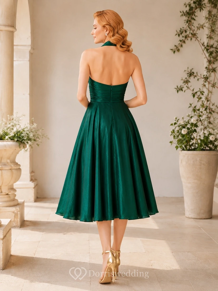 Dark Green Halter Neck Sleeveless Deep V A Line Formal Dress view 2