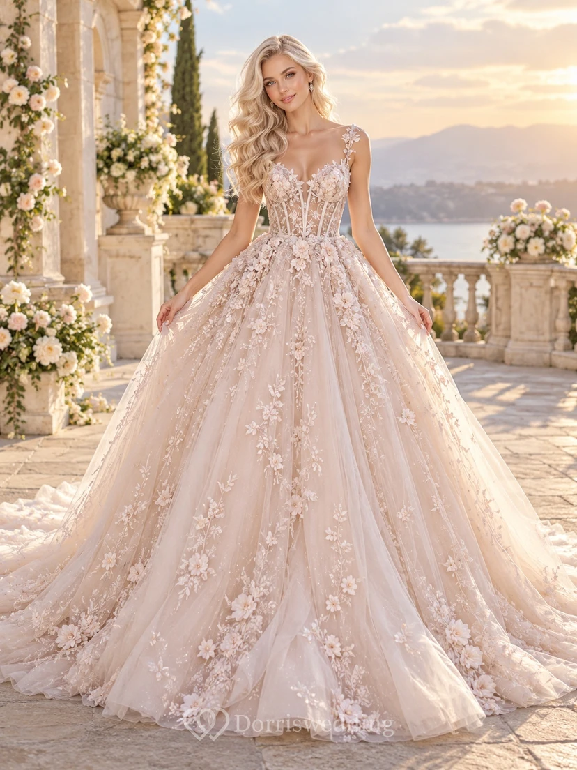 Blush Floral Strap Corset Tulle Chapel Train Ball Gown Wedding Dress