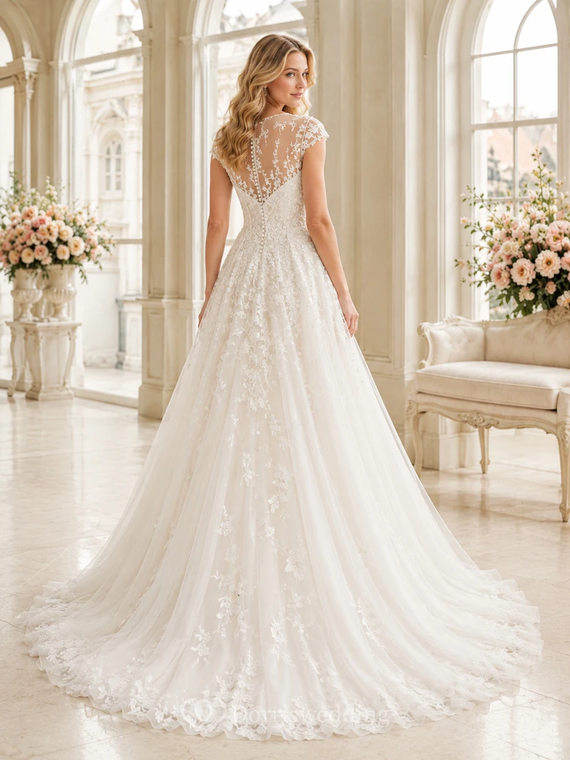 Robe de mariée romantique à manches courtes, coupe bateau, dentelle florale, ligne A et traîne chapelle view 2