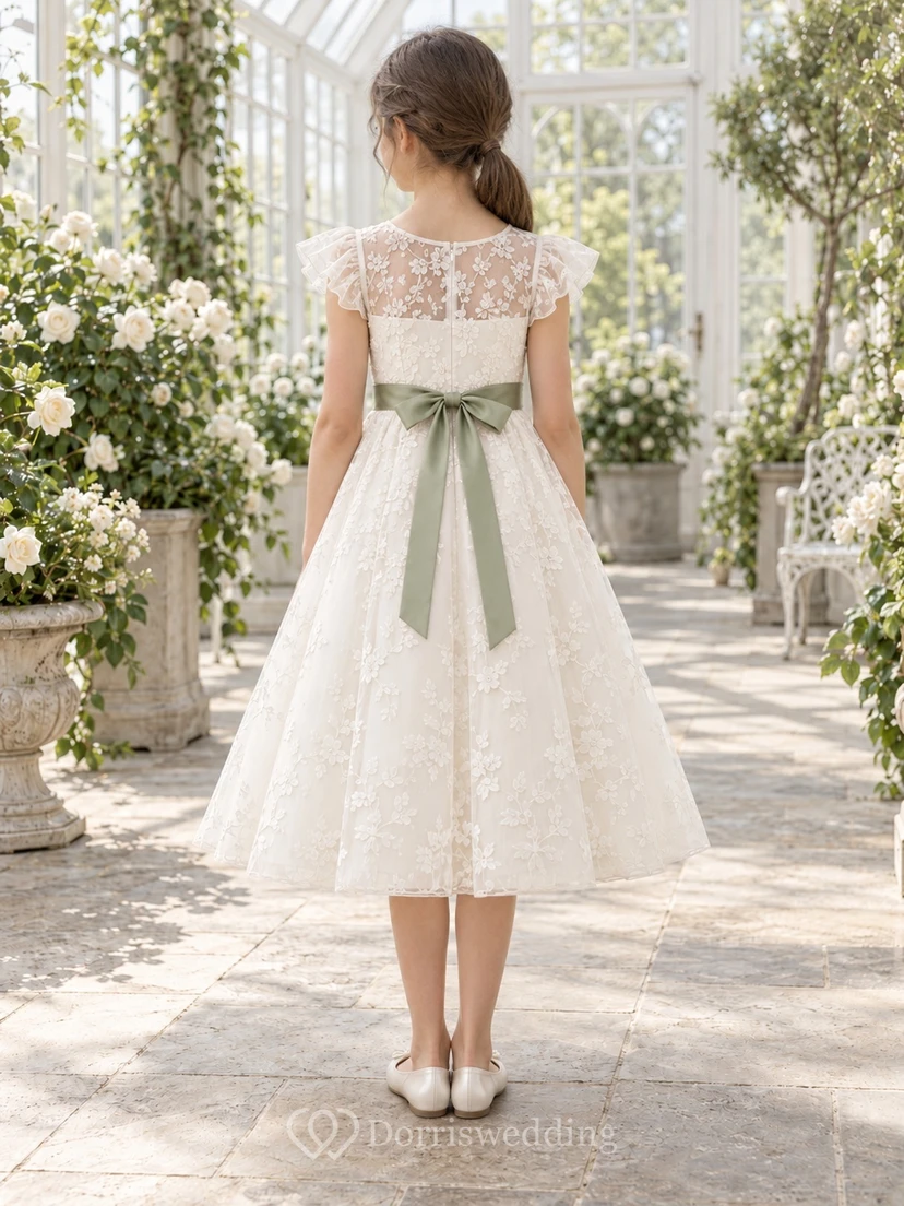 Tea-length Ivory A-line Lace Cap-sleeve Illusion Green-sash Bow-back Flower Girl Dress view 2