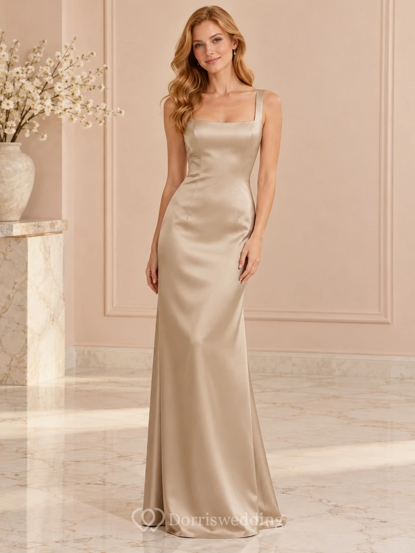 Vestido de noche sencillo de corte recto, de satén color champán, con escote cuadrado y tirantes anchos.