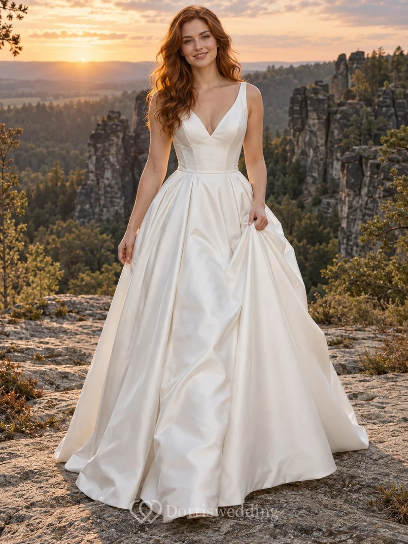 Vestido de novia sencillo y moderno de satén, corte en A, escote en V, sin mangas, falda plisada y cola larga.