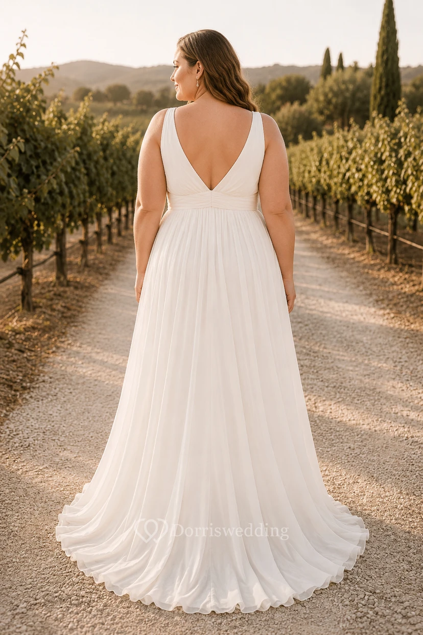 Übergröße Elfenbein Ärmelloses Chiffon-Hochzeitskleid in A-Linie mit V-Ausschnitt, ärmellos view 2