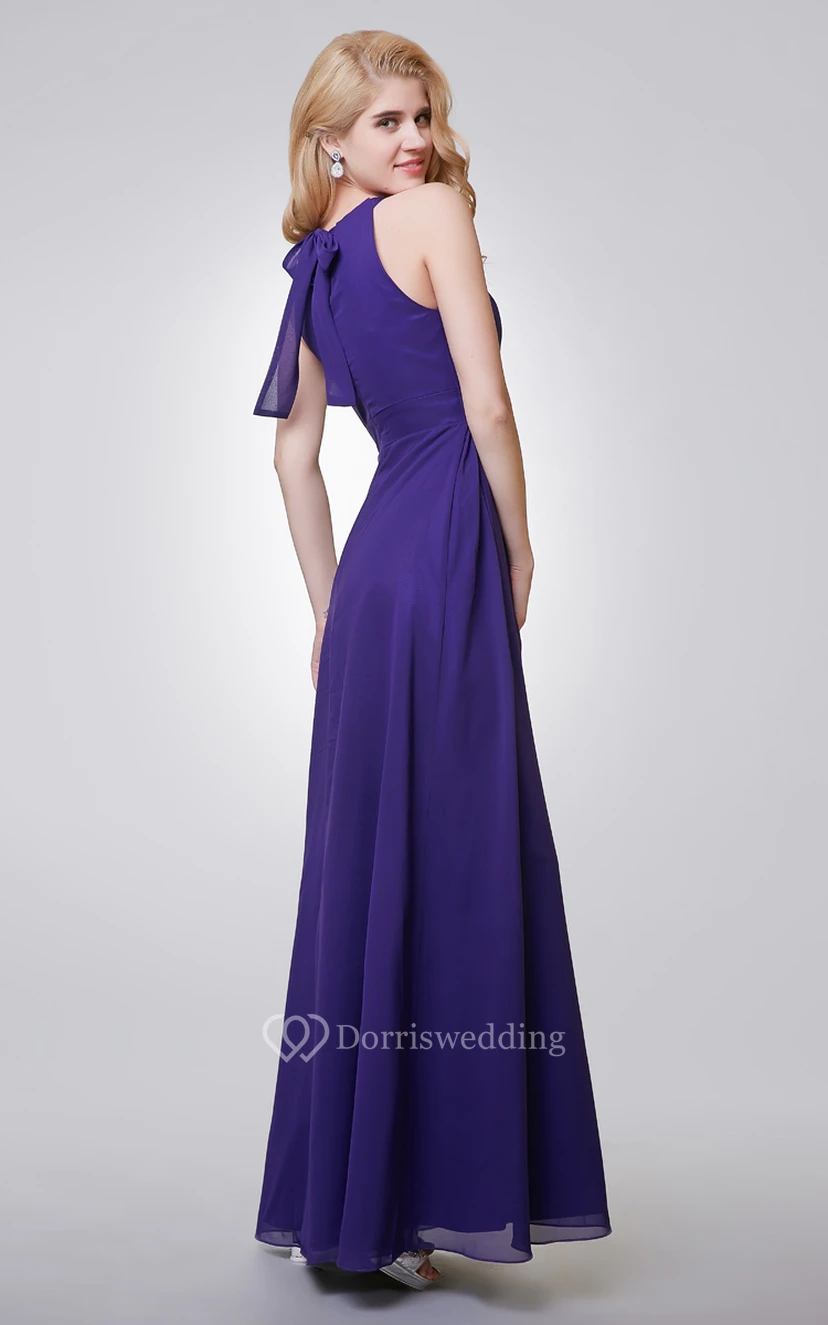 Halter A-line Long Chiffon Dress With Key-hole view 4