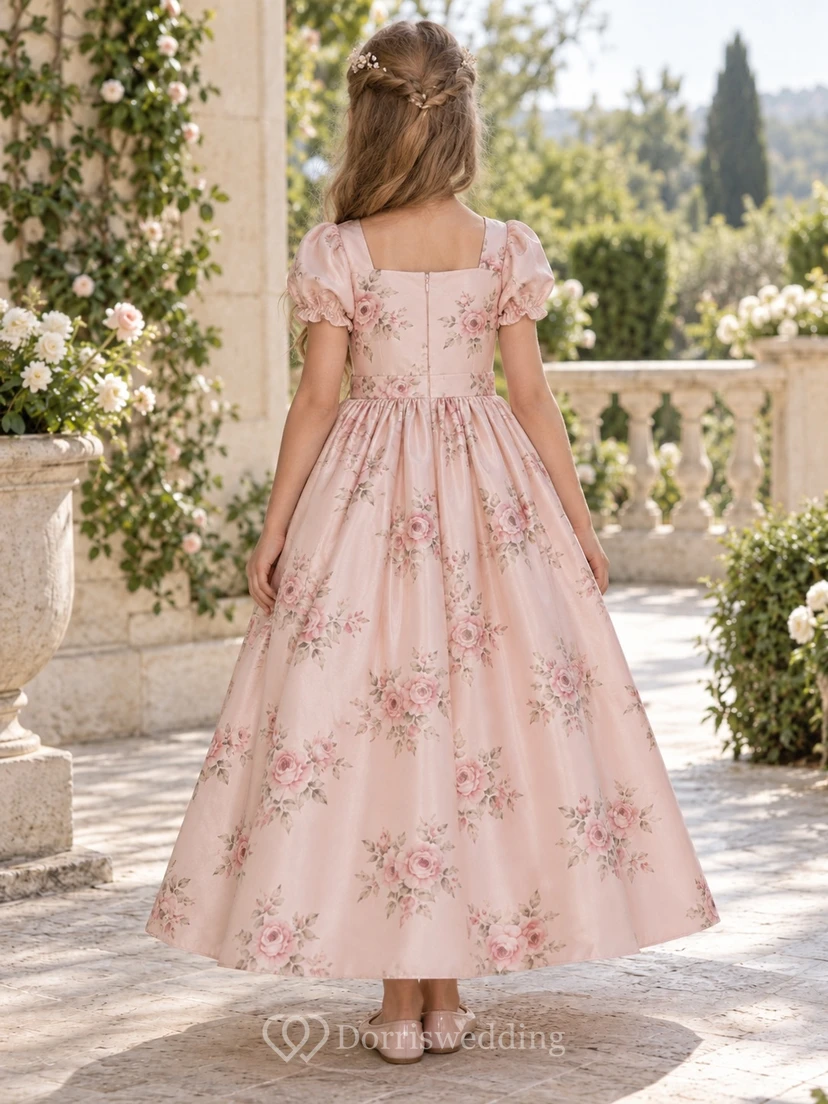 Square Neck Blush Floral Puff Sleeve Gathered Satin A-line Flower Girl Dress view 2