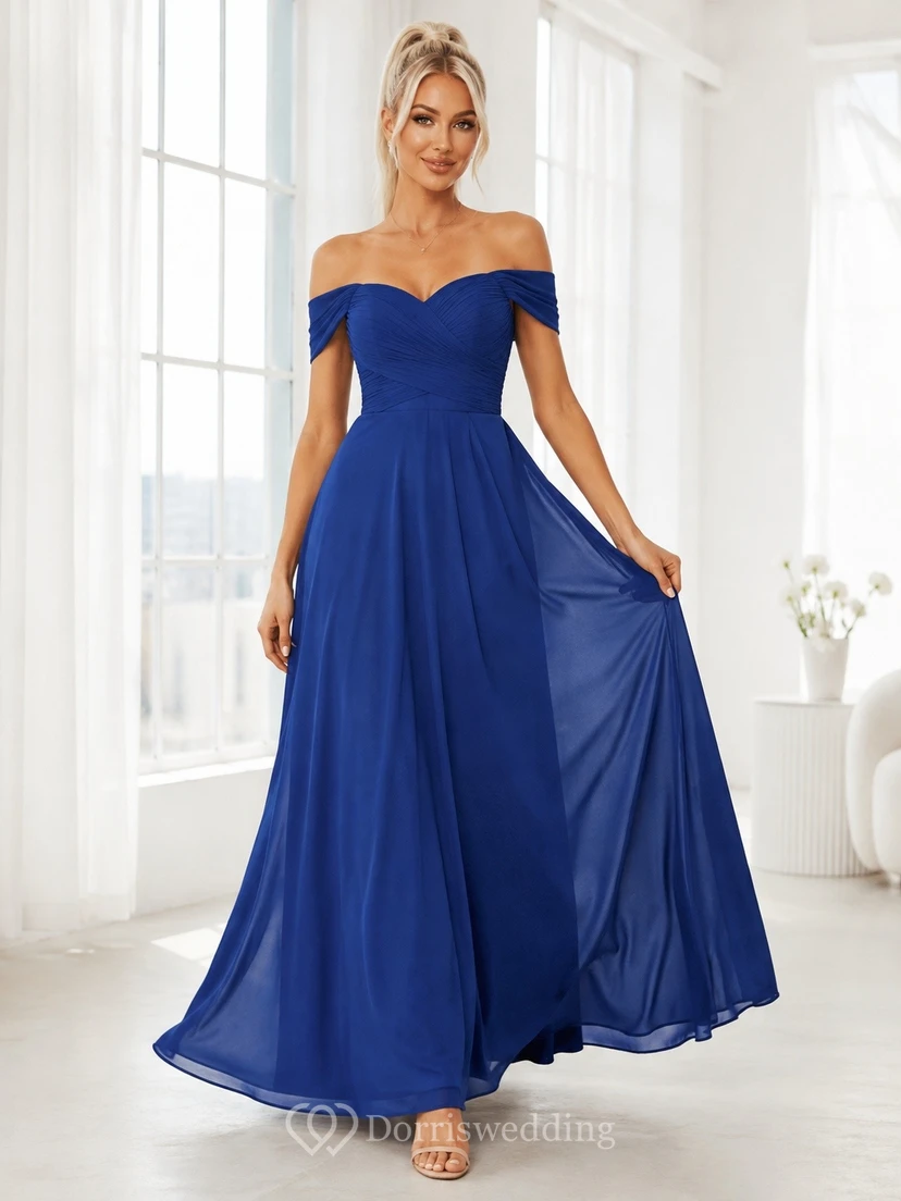 Royal Blue Short Sleeve Off-Shoulder Floor-Length Chiffon A-Line Dress