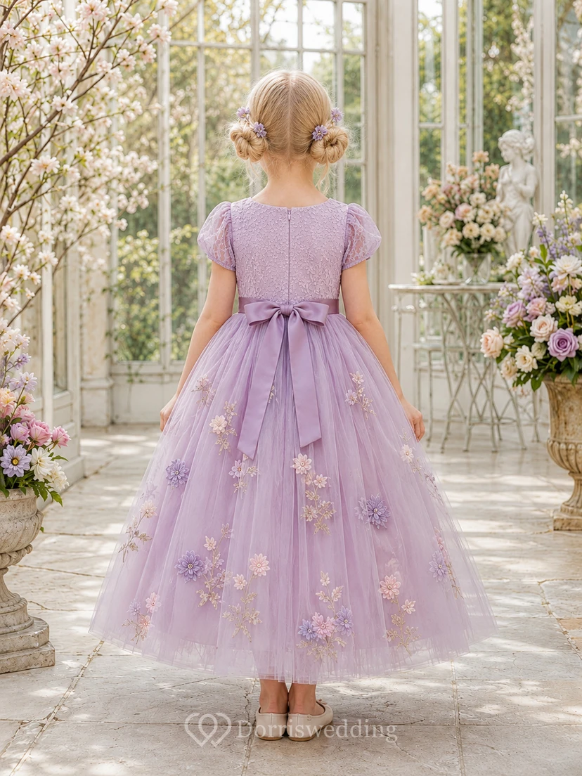Lavender Floral Applique Short Sleeve Tulle Tea-Length Princess Garden Flower Girl Dress view 2
