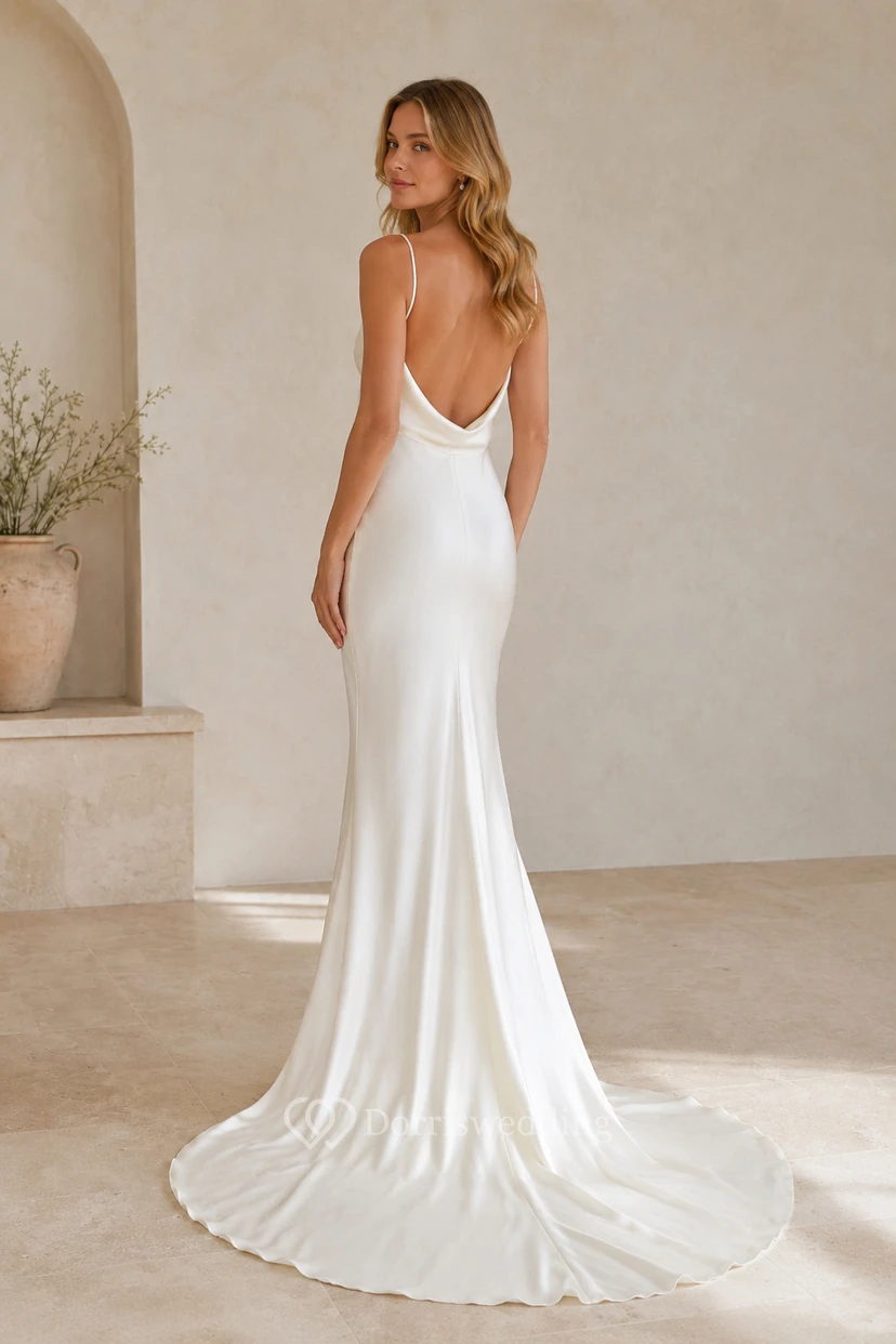 Brautkleid aus Satin im Meerjungfrauenstil mit Spaghettiträgern und Schleppe view 2