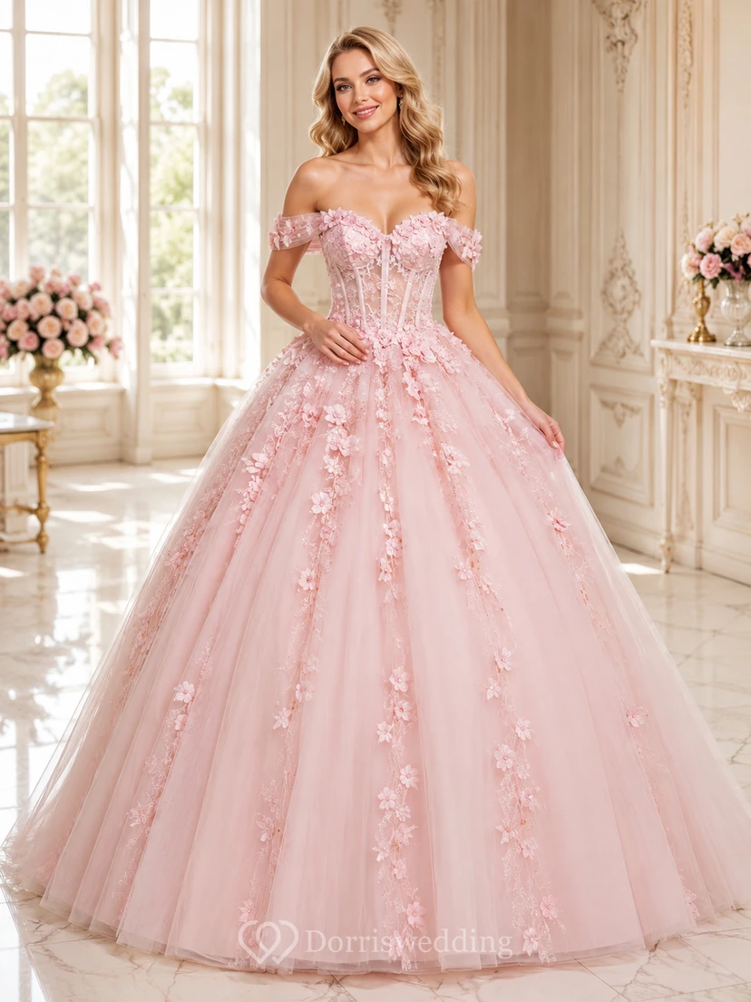 Robe de bal de princesse rose poudré, luxueuse, épaules dénudées, ornée d'appliqués floraux en tulle, pour les 16 ans.