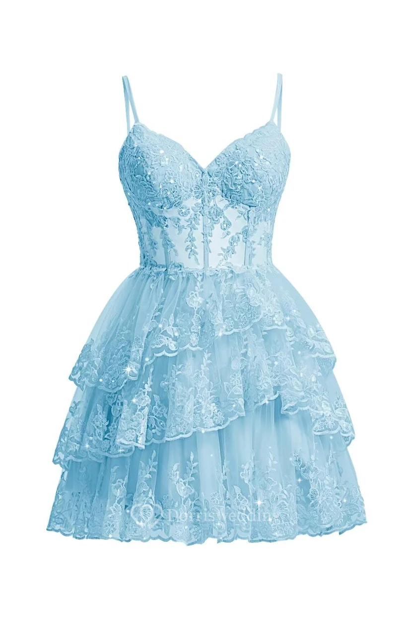 Robe de cocktail en dentelle violette à volants view 18