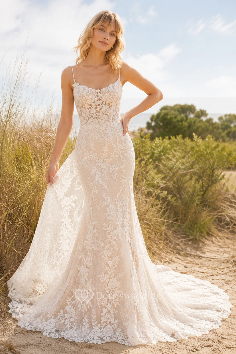 Robe de mariée sirène en dentelle à fines bretelles, dos nu et traîne chapelle