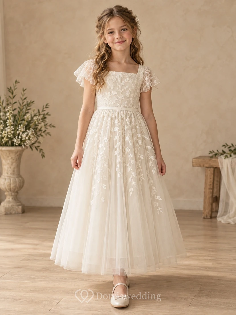 Modest Square Neck Ivory Ankle-length Flutter Sleeve Lace Tulle Flower Girl Dress
