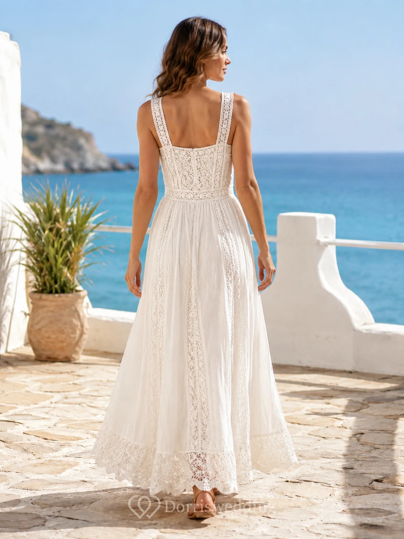 Romantisches weißes Baumwollspitzenkleid in A-Linie, bodenlang, mit quadratischen Trägern view 2