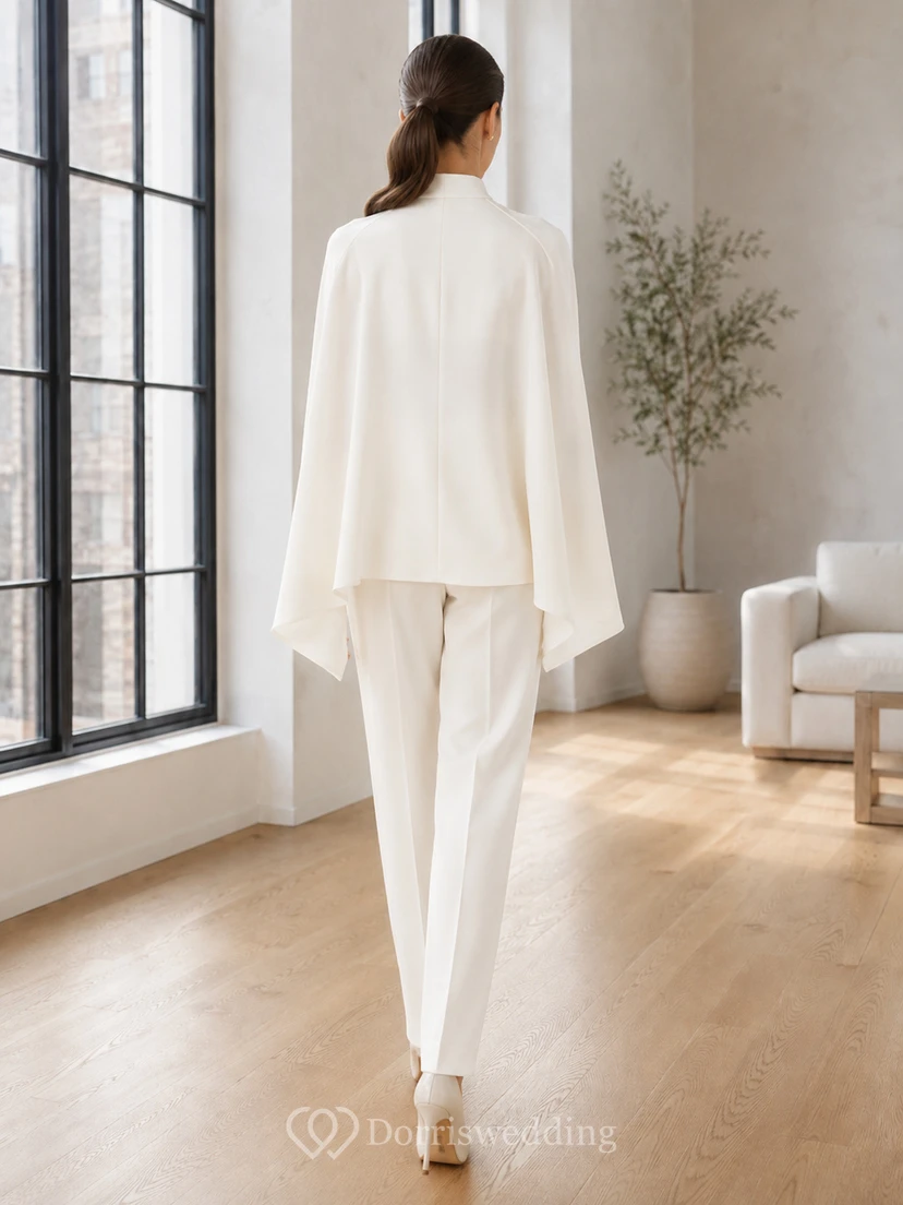 Modern Bridal Pantsuit Two Piece High Neck Cape Top Tapered Wedding Outfit view 2