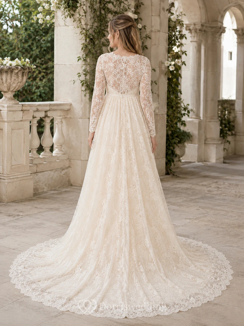 Robe de mariée de maternité à manches longues en dentelle, style empire bateau, pour chapelle view 2