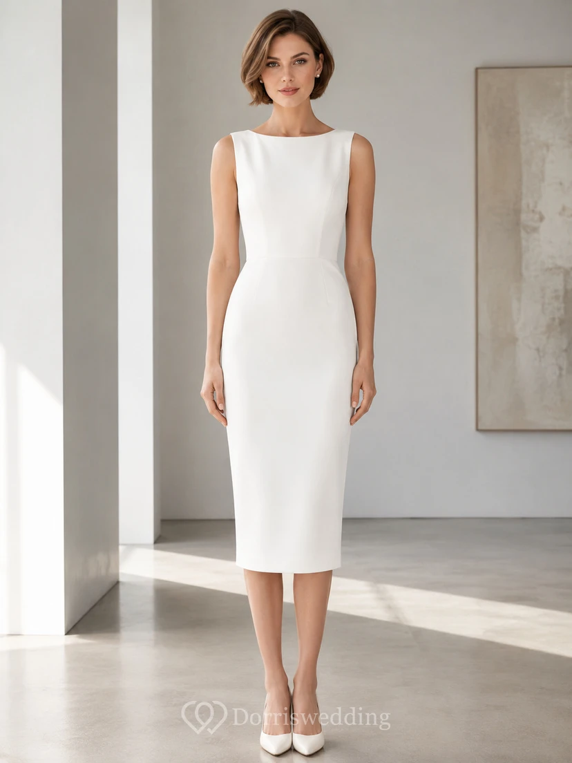 Civic Line White Sheath Knee-Length Bateau Sleeveless Stretch-Satin Simple Cocktail Dress