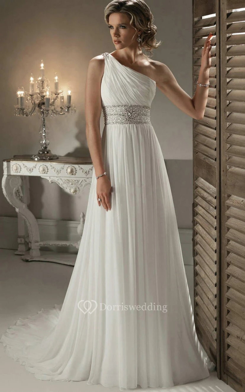 Robe de mariée élégante à une épaule avec ceinture ornée de strass