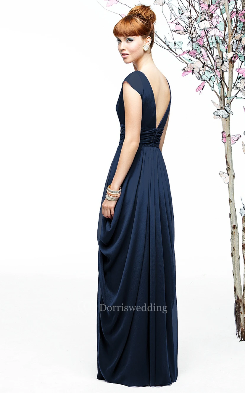 Long Chiffon Cap-Sleeved Enchanting V-Neck Dress view 2