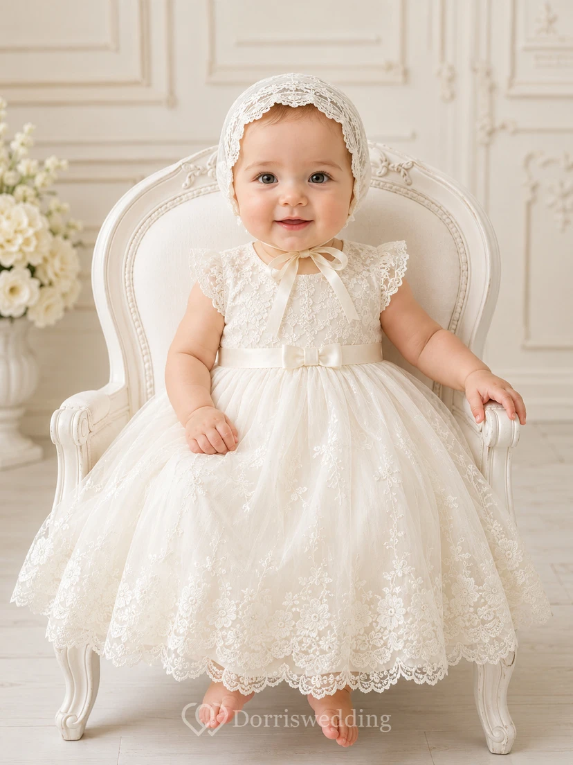 Baby Baptism Christening Ceremony Dress A-Line Knee-Length Jewel Neck Cap Sleeve Tulle Lace Bow Back Button Back