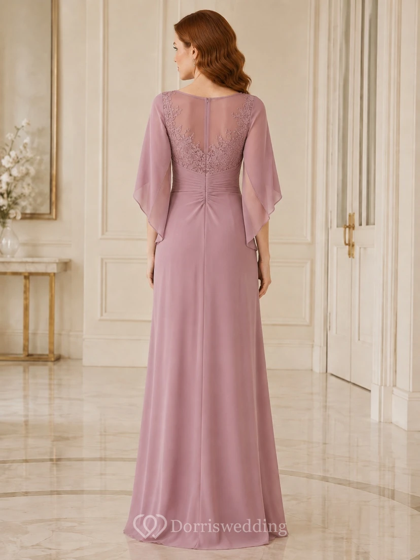 Modest Dusty Rose Jewel Lace Cape Sleeve Draped Sheath Floor-Length Mother Dress view 2