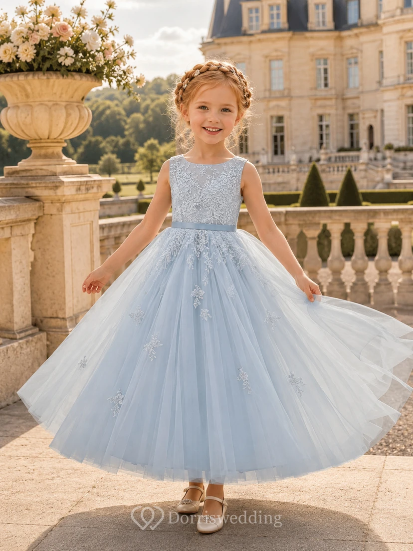 Princess Luxury Flower Girl Dress Square Neck Sleeveless Sky Blue Tulle Ball Gown Floor Length