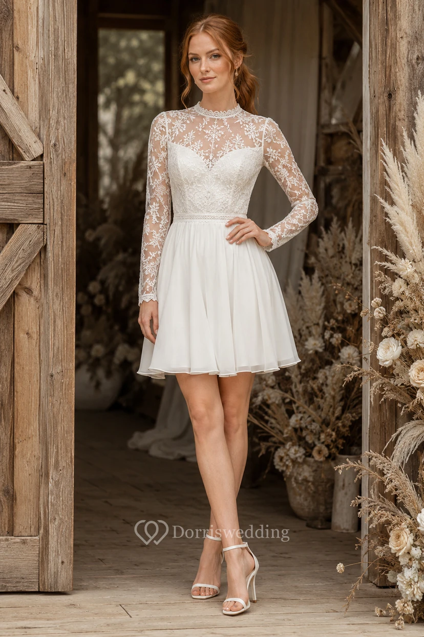 Robe de mariée courte à col bateau, manches longues en dentelle et jupe en satin