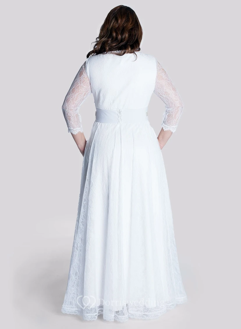 A-Linien-Kleid in Bodenlänge mit V-Ausschnitt, langen Ärmeln, Spitze an der Taille, Schmuck und Reißverschluss view 2