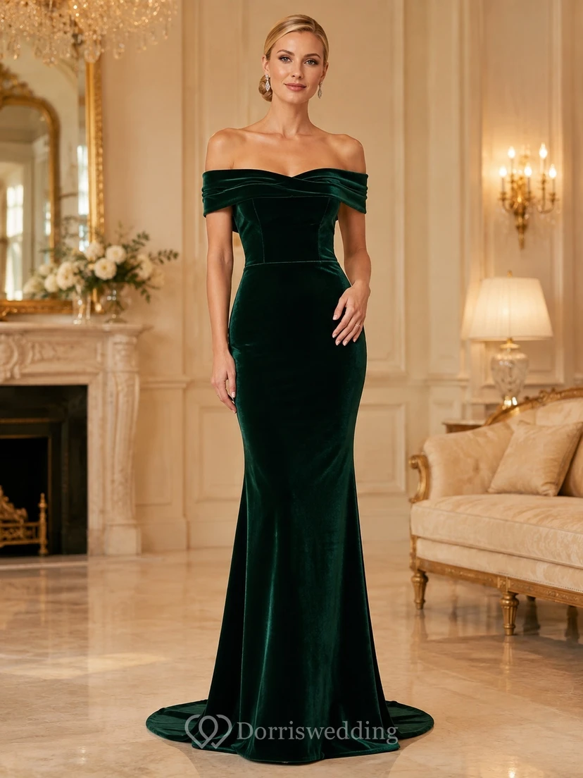 Dark Green Off-Shoulder Velvet Mermaid Sweep Train Elegant Black-Tie Evening Gown