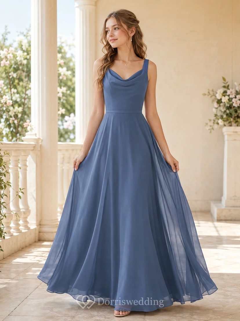 Vestido de dama de honor juvenil azul acero, corte en A, escote drapeado, sin mangas