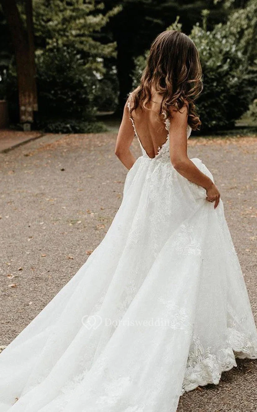 V-neck A-line Sleeveless Backless Country Lace Beach Wedding Dress view 3