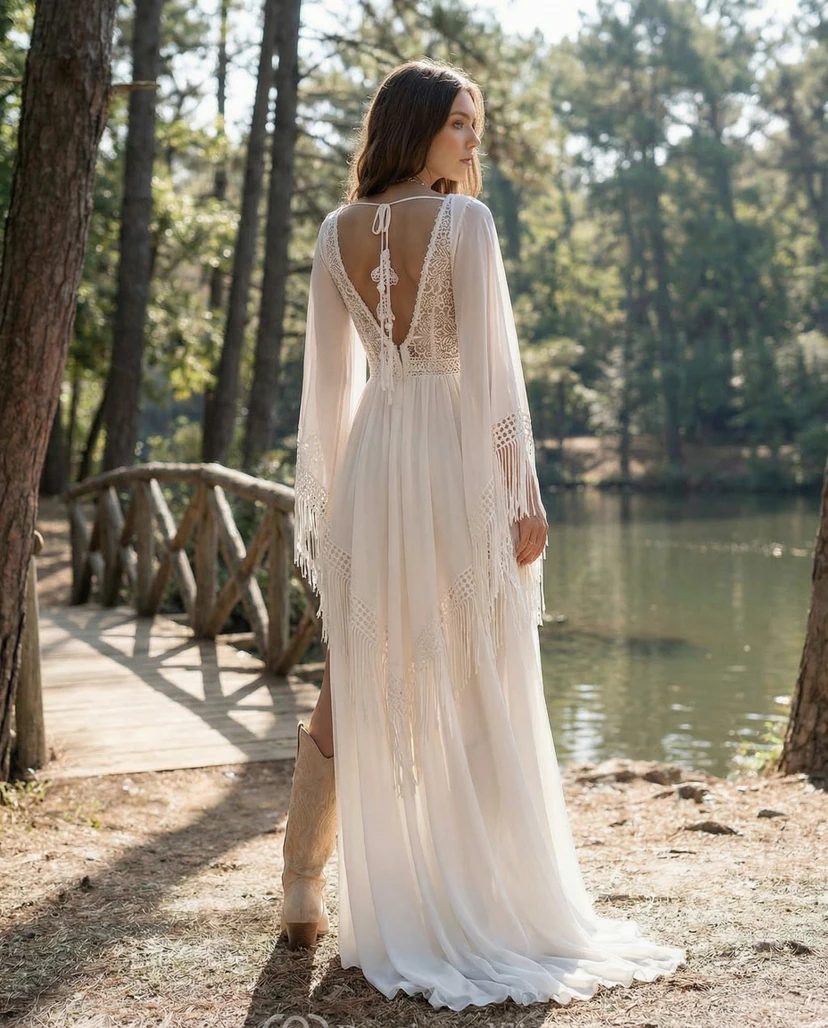 Plunging Long Sleeve Boho Lace Wedding Dress view 2