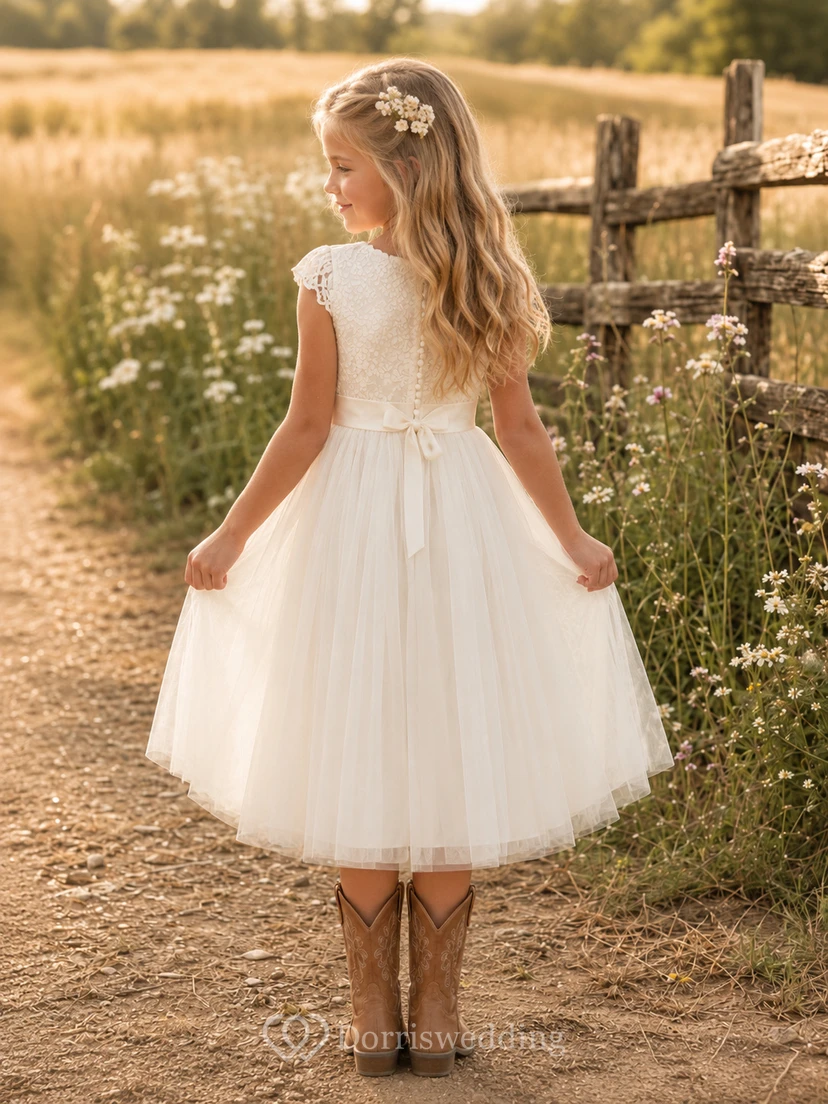 A-Line Flowergirl Lace Tulle Tea-Length Cap Sleeve Rustic Western Wedding Dress view 2