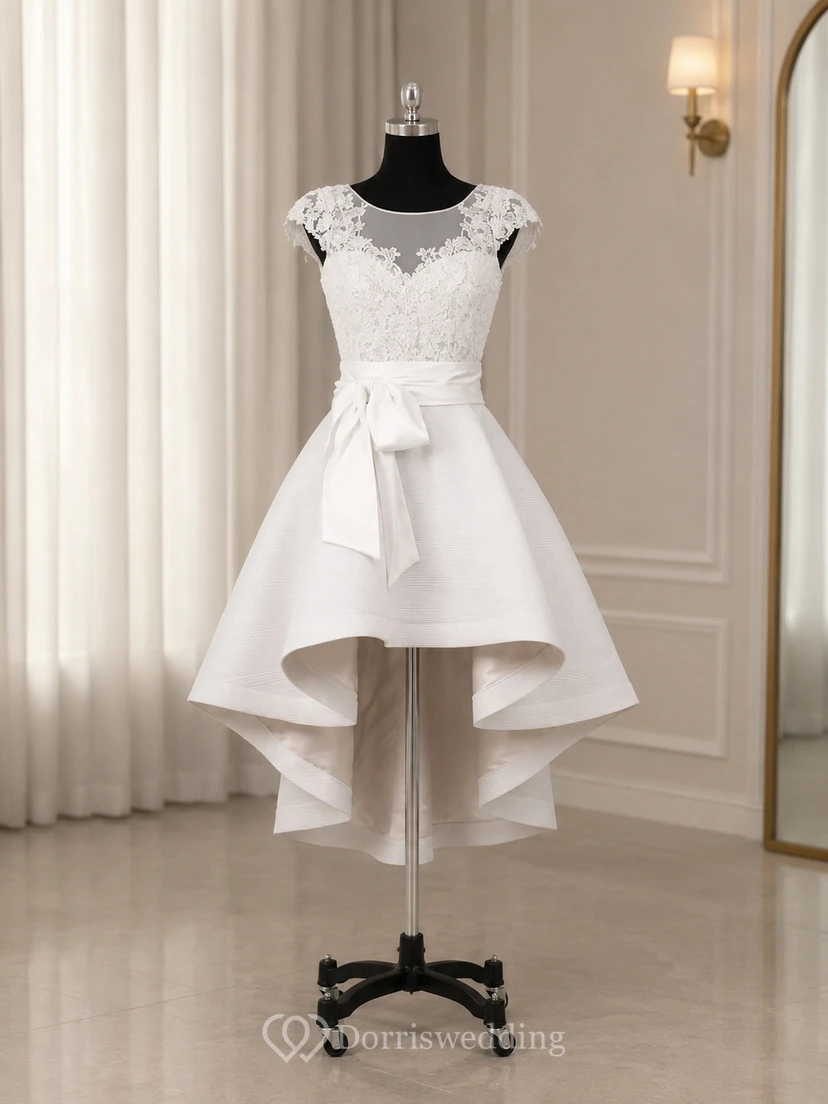 Vestido de novia de satén de corte A cuadrado, manga corta, bajo asimétrico y cremallera en la espalda. view 7