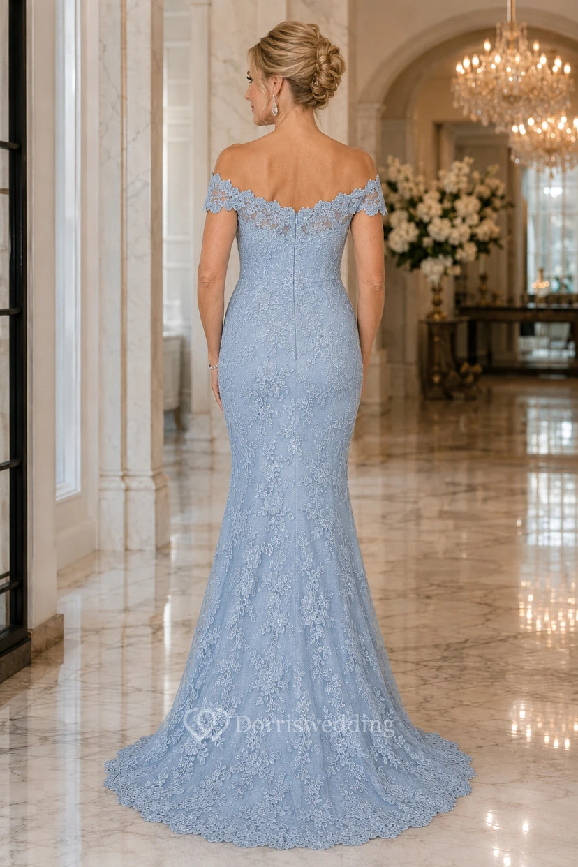 MOB-Kleid, himmelblau, Meerjungfrauenstil, kurze Ärmel, schulterfrei, Schleppe view 2
