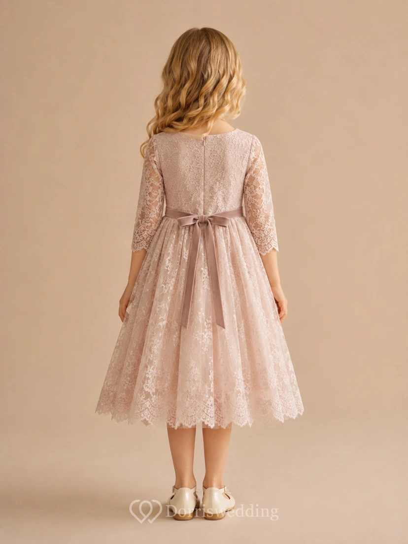 Flower Girl Dress Vintage Mauve Tulle A-Line Jewel Neck Tea Length Pleated view 2