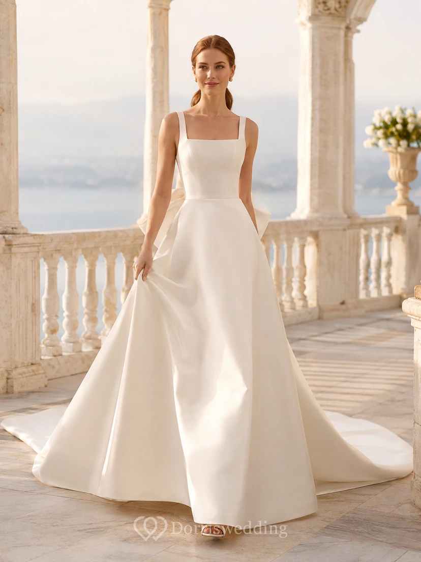 Minimalist Satin Wedding Dress A-Line Square Neck Sleeveless Sweep Train Bridal Gown