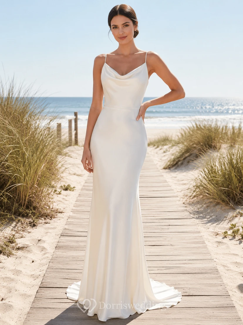 Minimalist Cowl Neck Spaghetti Strap Satin Sheath Backless Beach Wedding Dress