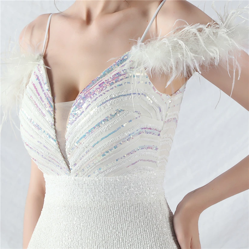 Elegantes Abendkleid mit Straußenfedern und Perlen, sexy, lang, mit Trägern und Schlitz view 9