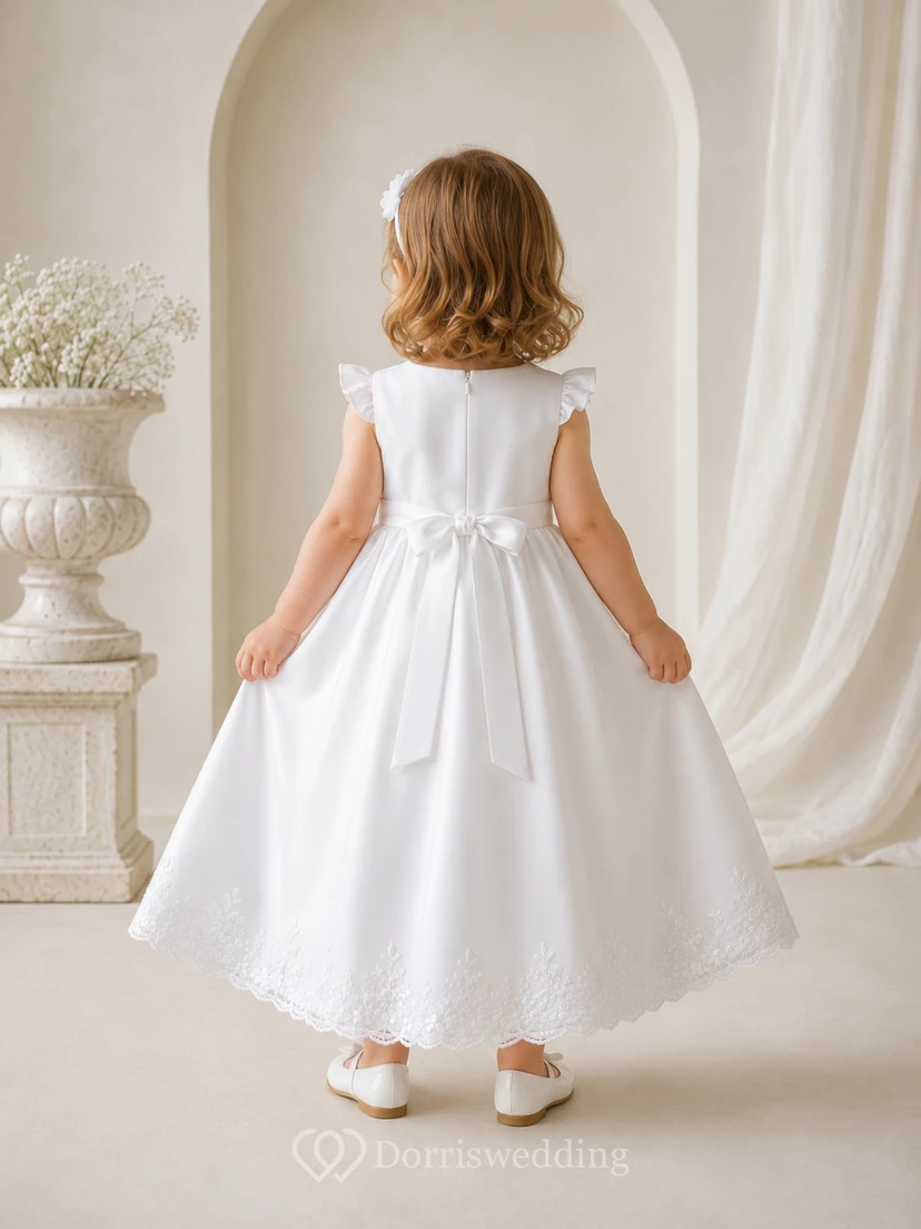 Schlichtes Taufkleid für Babys, A-Linie, Teelänge, Rundhalsausschnitt, ärmellos, Satin, Schleife am Rücken, Knopfleiste am Rücken view 2