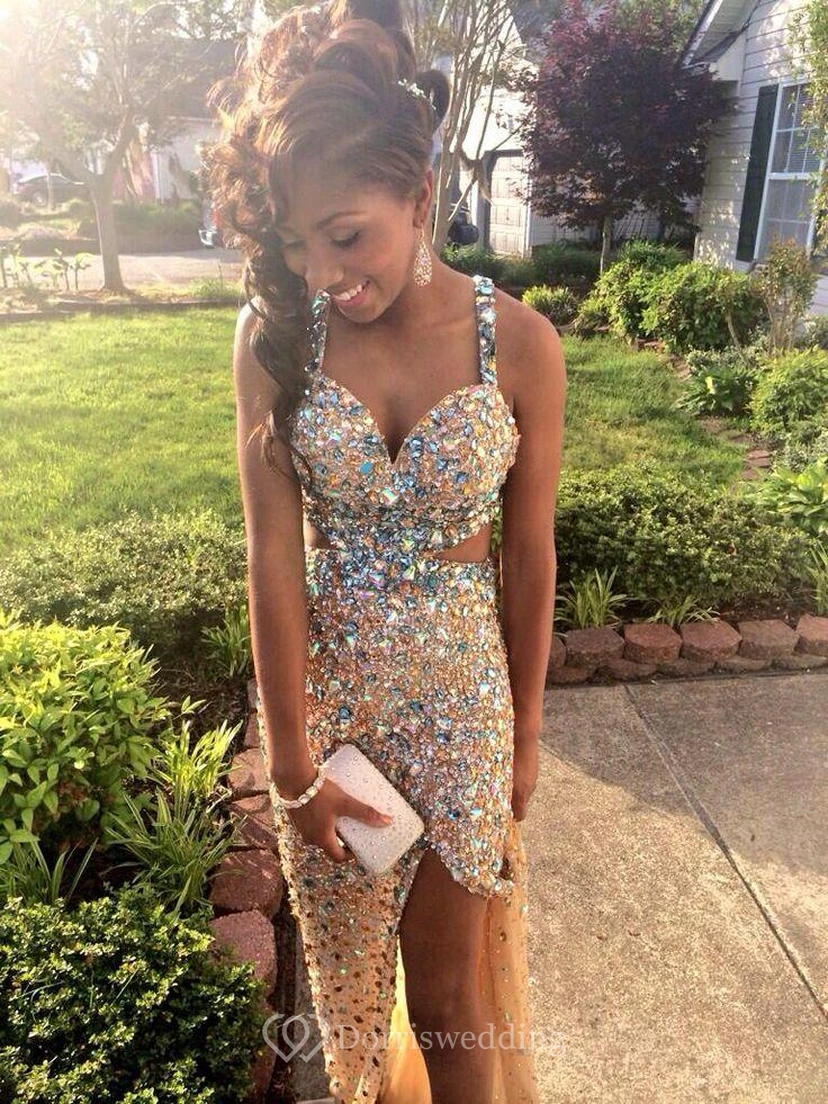 Split Beadings Sexy Prom Dress Stunning Crystal Straps and Front