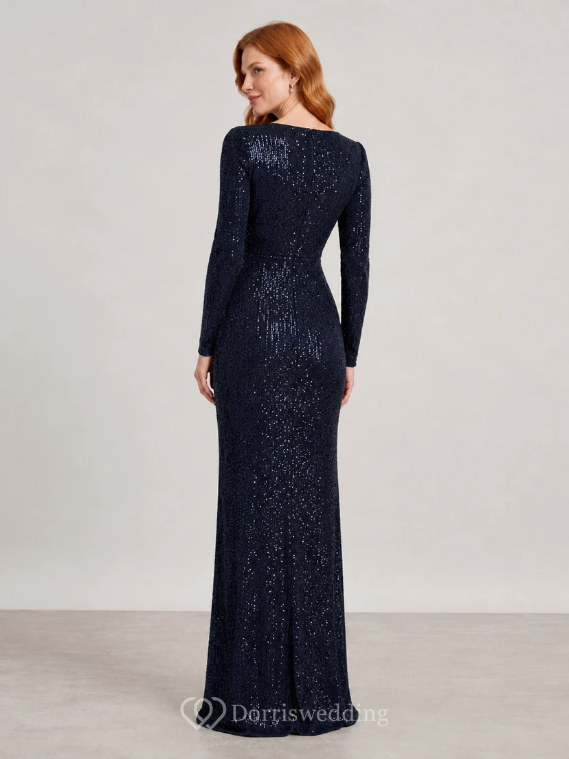 Dark Navy Bateau Sequin Long Sleeve Evening Dress view 2