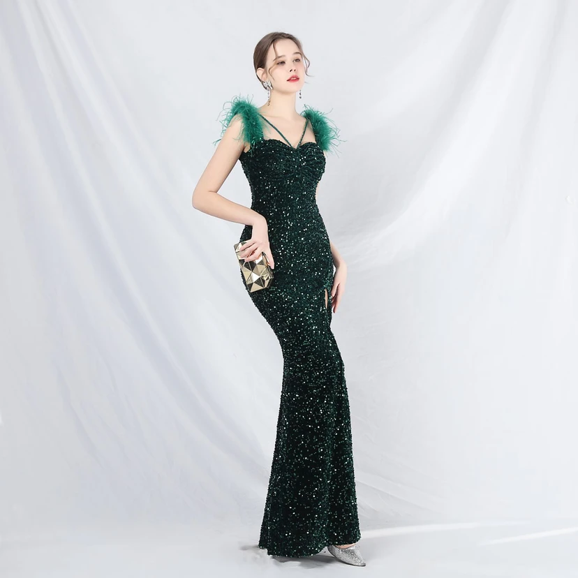 Craft Beaded Ostrich Feather Plush Sequined Long Evening Dress view 49